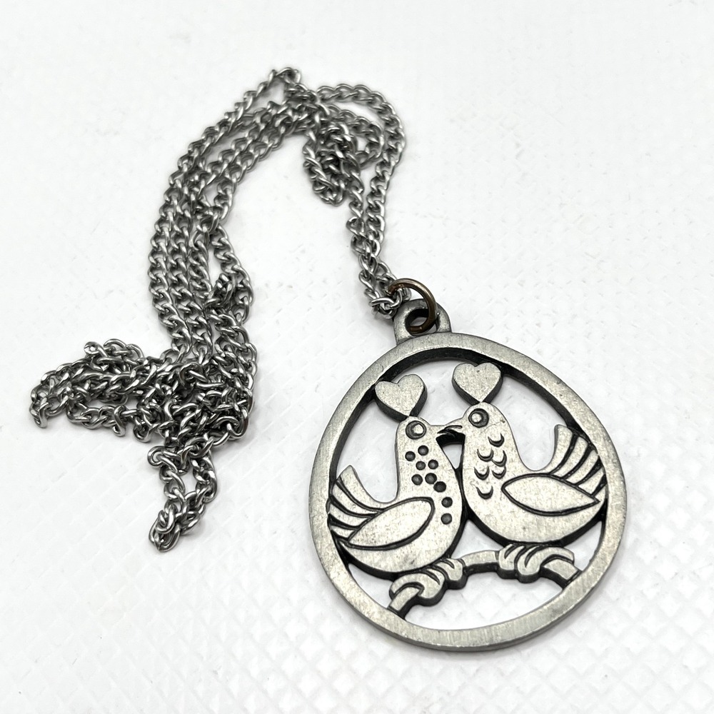 Vintage Pewter Love Birds Pendant Necklace Stamped Sweden 26"‎ Endless No Clasp